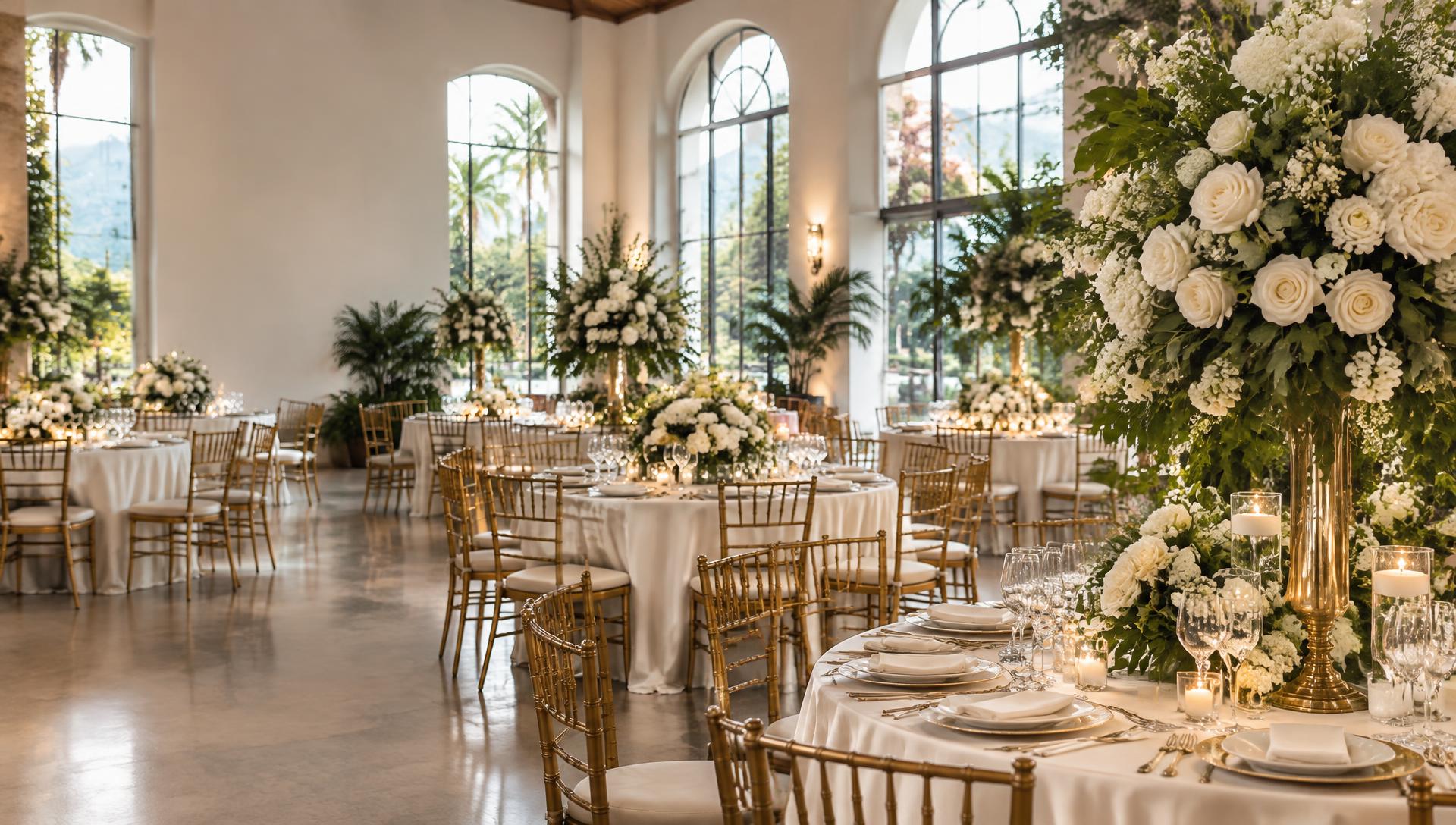 Inspiração de decoração com flores brancas e mesas de festa